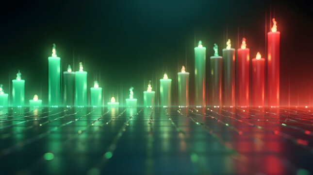 Futuristic 3D glowing candlestick chart rendered with cinematic lighting, reflections, and holographic depth, symbolizing digital finance and market motion. AI Generated.