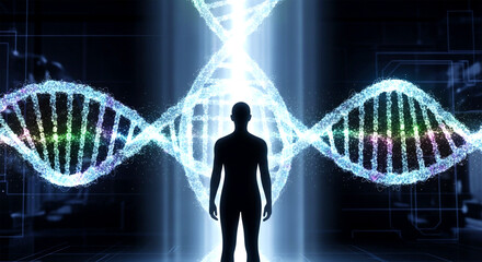The Essence of Existence: A silhouetted figure stands enveloped by glowing strands of DNA, a symbolic representation of life and genetic code.