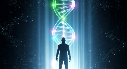 DNA Helix & Human Silhouette: This striking visual features a human silhouette standing before a luminous DNA helix, illuminated by a brilliant light.