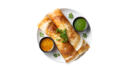 An overhead shot of delicious crispy dosas served on a plate with two colorful dipping sauces and fresh herbs for garnish