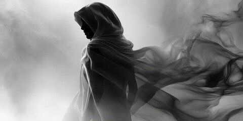 Silhouette of mysterious figure cloaked in fabric with flowing smoke elements