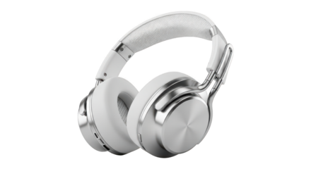 White and silver wireless headphones isolated on transparent background for listening