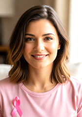 Embracing Hope: Portrait of a woman adorned with a pink ribbon, symbolizing strength and resilience in the face of adversity. A beacon of hope.