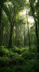 A vast, untouched wilderness rainforest, teeming with lush green vegetation, ancient trees, and filtered sunlight through a dense canopy ,growth ,canopy ,serene