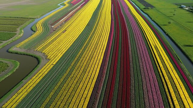 Aerial view of vibrant flower fields displaying a stunning array of colors in neat rows, showcasing the beauty of rural Berkhout, North Holland, Netherlands.