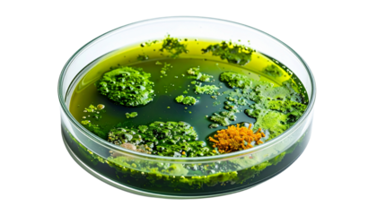 Microbial World in a Petri Dish: A detailed shot of microbial colonies thriving in a petri dish isolated on solid white background in Png