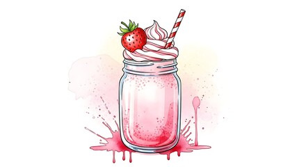 Delicious Strawberry Milkshake in a Mason Jar with Whipped Cream and Straw.