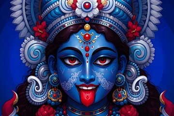 Naklejka premium Intense portrait of hindu goddess kali with blue skin and red eyes