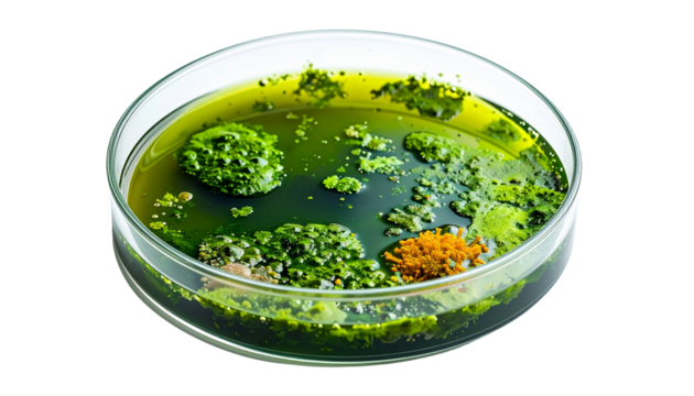 Microbial World in a Petri Dish: A detailed shot of microbial colonies thriving in a petri dish isolated on solid white background in Png