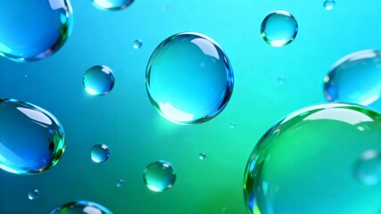 Obraz premium Transparent blue water droplets floating on turquoise background 