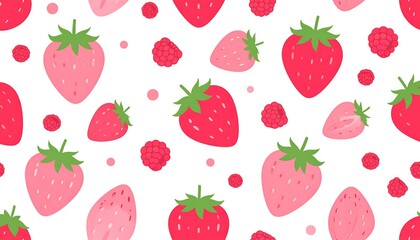 Colorful pattern of various sized red strawberries, raspberries, and dots