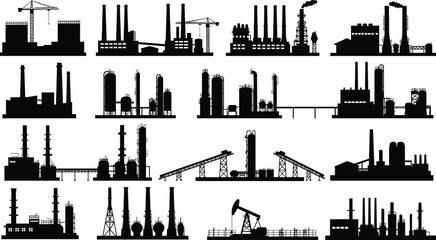 Industrial factory silhouette set, refinery plant vector icons, oil industry illustration, black manufacturing 