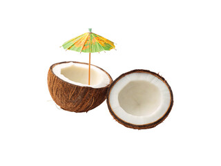 Open coconut halves with yellow cocktail umbrella, tropical drink presentation style, natural coconut texture showing, isolated on a transparent background