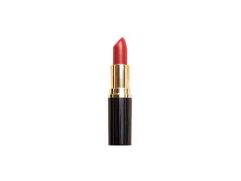 Classic red lipstick with gold accent band, black case, coral pink shade, professional cosmetic makeup, isolated on a transparent background