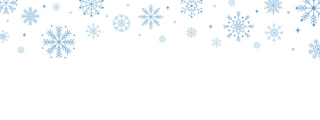 Abstract blue snowflakes border on white background. Minimal winter banner for Christmas and New Year greeting cards, invitations, social media headers, website design, and festive decoration.