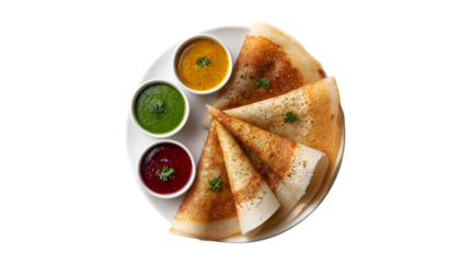 An overhead view of a delicious South Indian dosa served on a white plate with three colorful chutneys including green red and yellow for dipping