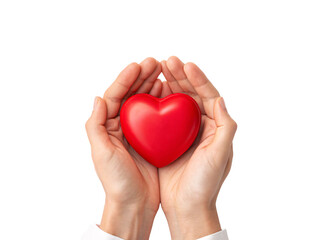 Obraz premium Two hands gently cradling red glossy heart in protective caring gesture showing love and support, isolated on a transparent background