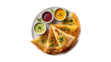 Crispy golden dosa triangles on a white plate with a trio of vibrant dipping sauces including sambar and chutney viewed from above