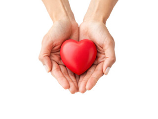 Obraz premium Two hands cupping and offering red glossy heart symbol representing love care and compassion, isolated on a transparent background