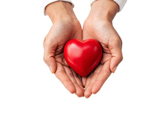 Fototapeta premium Two hands presenting red glossy heart in open palms showing care giving and loving gesture, isolated on a transparent background