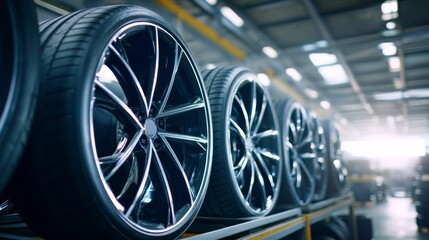 New car tires with alloy wheels on rack in factory warehouse industry