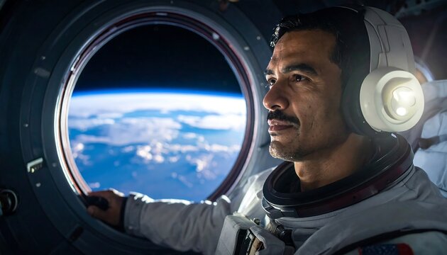 Astronaut in spacecraft looks out the window at Earth. Blue planet and clouds seen from orbit