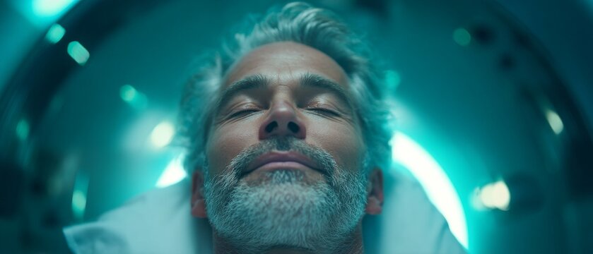 Mature man lies in futuristic pod bed with eyes closed in serene rest