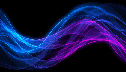 Abstract flowing waves of vibrant blue and purple light trails against a stark black background, creating a dynamic and ethereal visual effect.