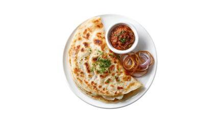 A beautifully plated flatbread served with a savory red dipping sauce and a side of fresh and fried onions