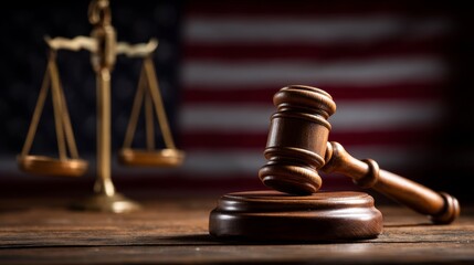 Justice Gavel and Scales with American Flag Background Law Concept