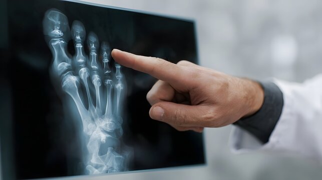 Doctor points at foot X ray for medical examination