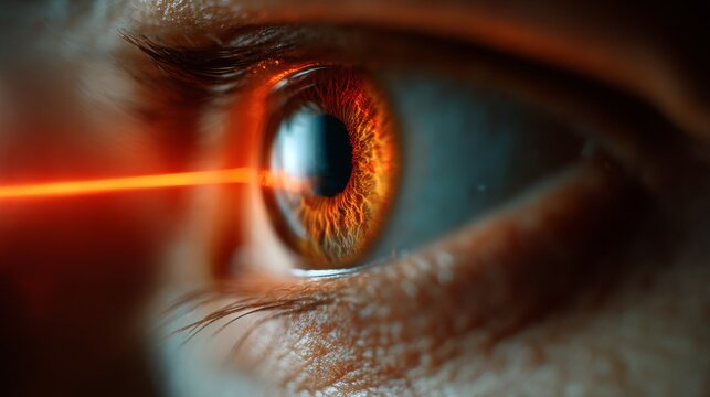 Close up human eye scan with laser light for security access concept