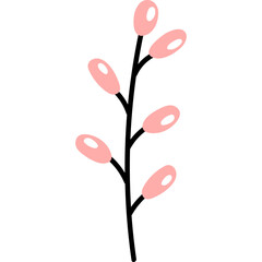 Delicate Pink Oval Buds on Thin Black Stem Isolated on White Background Simple Botanical Illustration
