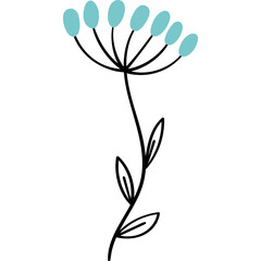 Delicate single stem wildflower with light blue oval petals and green leaves on a transparent background simple line art illustration