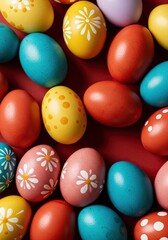 A vibrant and festive background featuring an array of beautifully decorated eggs in various colors and patterns, perfect for spring celebrations ,pastel ,joy ,beautiful