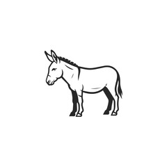 Stylized black and white donkey illustration standing featuring a distinct mane and tail simple graphic design.