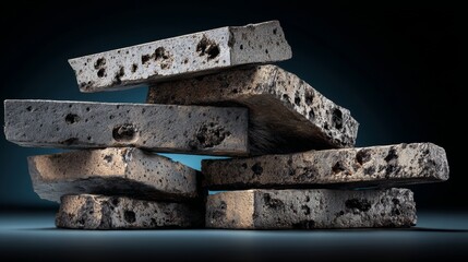 Stacked porous cinder blocks or volcanic rock texture on dark background