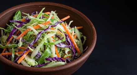 A vibrant and fresh cabbage salad, artfully arranged in a rustic bowl. Shredded green and purple cabbage, with colorful carrots and creamy dressing ,culinary ,carrot ,light