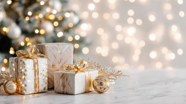 Elegant christmas gift boxes with golden ribbons and glowing bokeh lights
