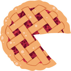 Delicious cherry pie with a golden brown lattice crust and a missing slice showing the sweet red filling on a transparent background