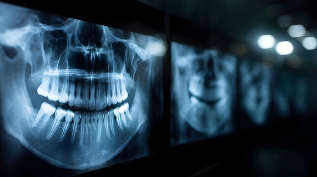 Series of dental panoramic X ray images displayed on a light box showcasing teeth and jaw structure for medical diagnosis