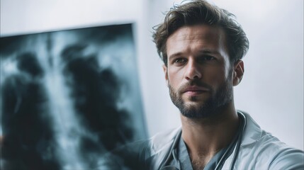 Plakat A focused male doctor holds a chest X ray examining its details in a bright medical setting
