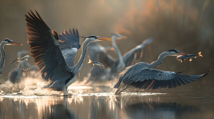 Majestic Herons GracefullyCatching Fish by the Waters Edge: A Mesmerizing Dispay of Nature's Predators i Action