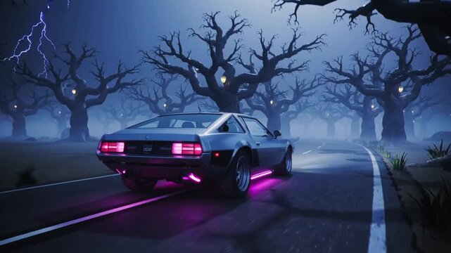Coche Deportivo Retro Conduciendo a Trav&eacute;s de un Bosque Tenebroso de Noche | Estilo Synthwave Halloween