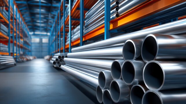 Stacked metal pipes in warehouse, industrial material storage concept
