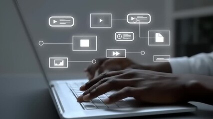 A person's hands type on a laptop keyboard, with digital media icons overlayed. - Powered by Adobe