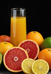 A vibrant arrangement of various fresh citrus fruits, glistening with natural juices, showcasing healthy, organic produce ,refreshing ,healthy ,breakfast