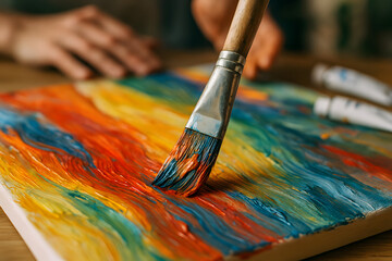Fototapeta premium Colorful Brushstrokes: A Close-Up of Artistic Expression with Paint on Canvas.