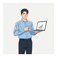 Young businessman presenting a bar graph on a laptop vector illustration isolated on white background