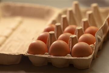 A carton containing ten brown eggs placed neatly on a flat surface for easy access and visibility in the kitchen